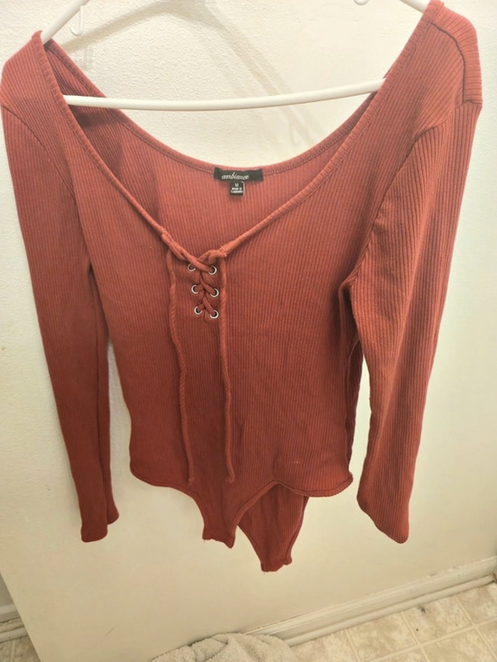 Ambiance Ribbed Lace-Up Bodysuit in Red Size Medium